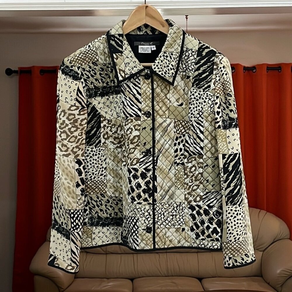 Maggy L Jacket 100% Silk Quilted Button Safari Leopard Cheetah Lined Women’s 12